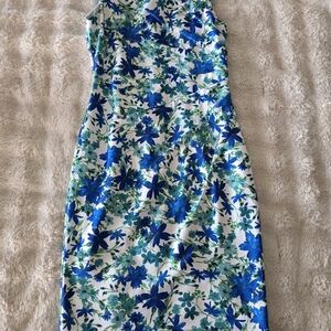 Calvin Klein White Midi Dress with Blue and Green Floral Print